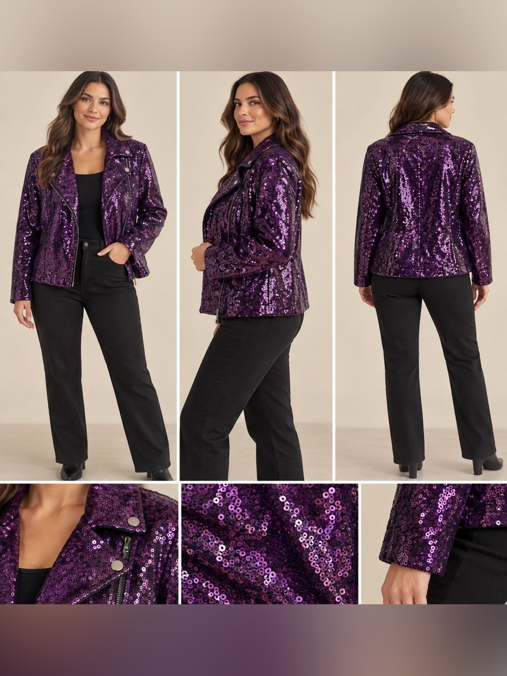 Colleen Lopez Luxe Purple Sequin Moto Jacket Size Medium, NWT
